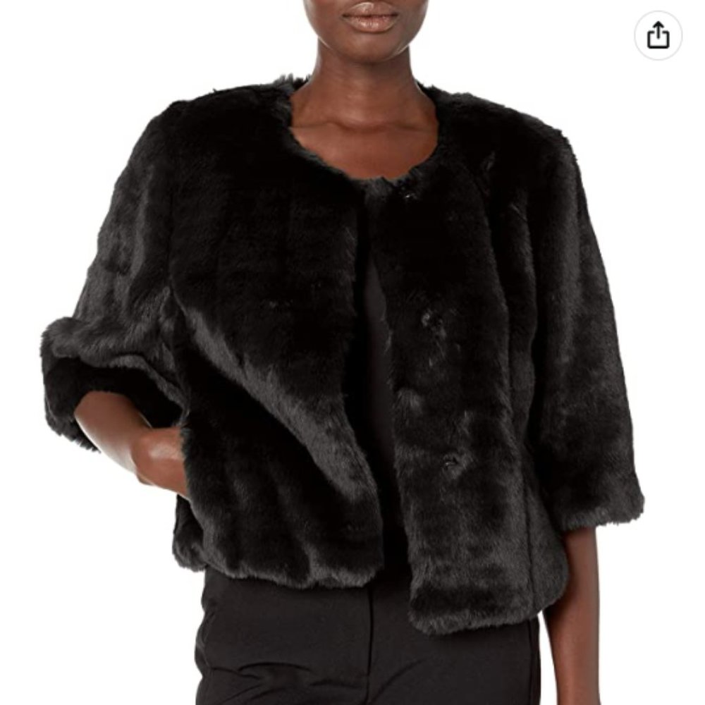 NWOT Calvin Klein Black Faux Fur Shrug Coat - Size S